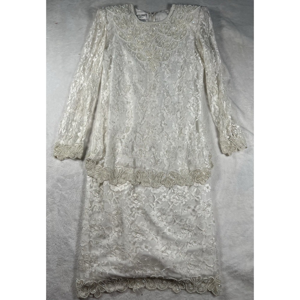 Vintage Beautiful Brilliante Ivory Full Length Beaded Formal Dress Size Small